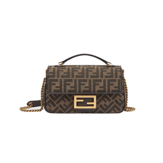 BORSA BAGUETTE CHAIN MIDI IN TESSUTO JACQUARD FF MARRONE